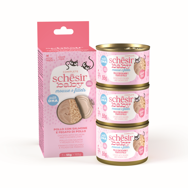 Schesir CAT BABY Lata Pollo con Salmón e Hígado de Pollo en Mousse & Filetes 3 x 55 g