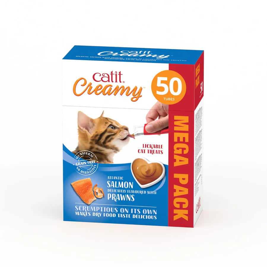 Catit Snacks cremosos para gatos Catit Creamy – 50 Tubos Sabor: Salmón y Gambas