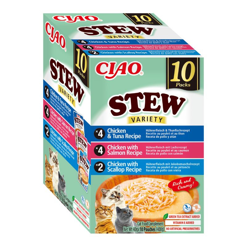 Stew CAT Multipack Receta de Pollo con Atún, Salmón y Vieira (10 x 40 g)