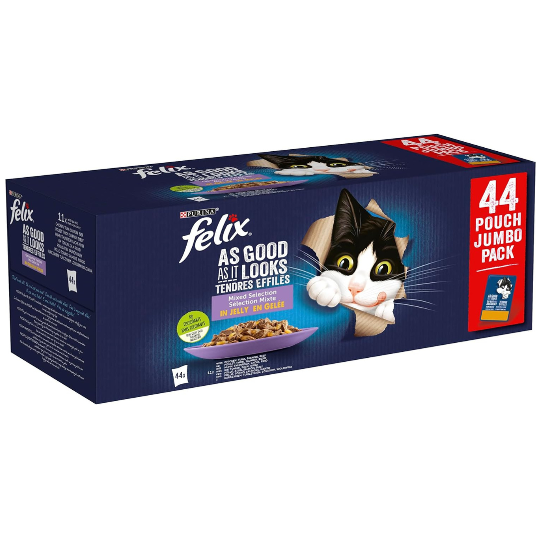 FELIX Fantastic, Comida Húmeda para Gato Adulto, Gelatina, Surtido de Buey, Pollo, Salmón y Atún, Pack de 44 Sobres de 85 g