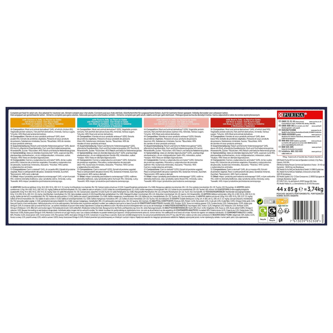 FELIX Fantastic, Comida Húmeda para Gato Adulto, Gelatina, Surtido de Buey, Pollo, Salmón y Atún, Pack de 44 Sobres de 85 g