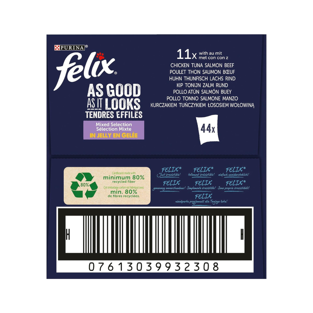 FELIX Fantastic, Comida Húmeda para Gato Adulto, Gelatina, Surtido de Buey, Pollo, Salmón y Atún, Pack de 44 Sobres de 85 g